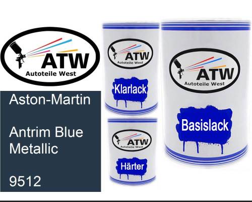 Aston-Martin, Antrim Blue Metallic, 9512: 500ml Lackdose + 500ml Klarlack + 250ml Härter - Set, von ATW Autoteile West.